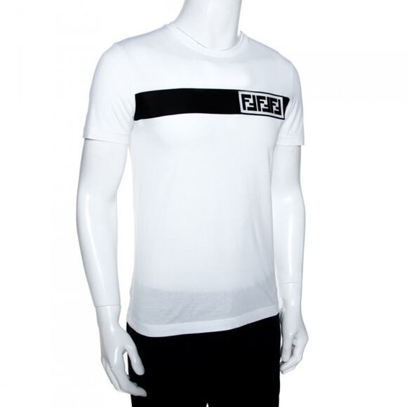 Fendi White Black Striped FF Logo Monogram Short Sleeve Cotton T-Shirt Large L - Picture 5 of 15